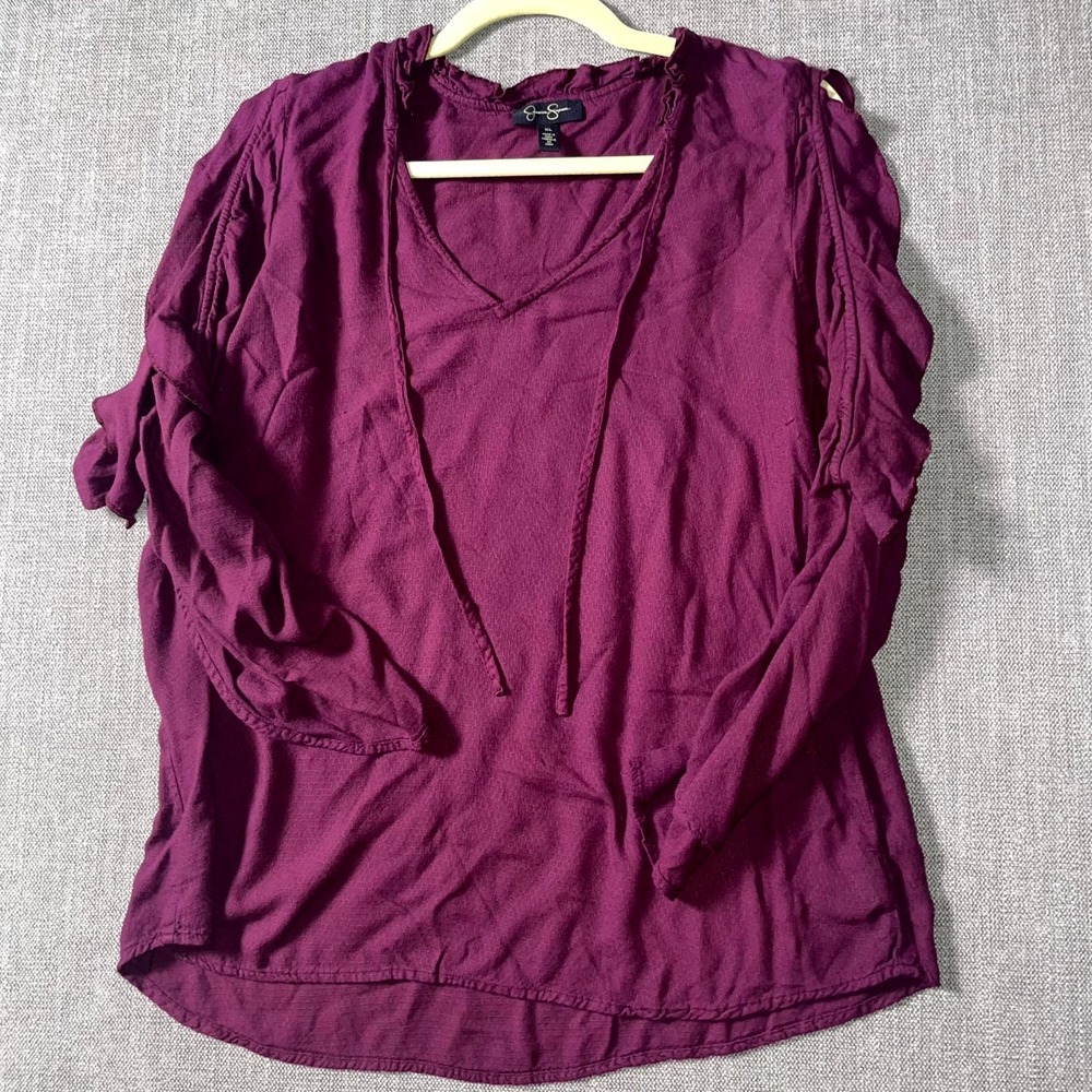 Jessica Simpson Blouse Top Womens XL Burgundy Ruffle Detail Cold Shoulder Sleeve